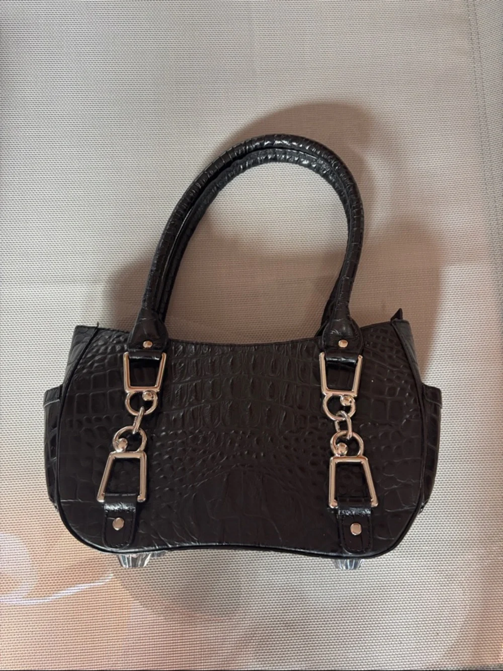 Debbie Brooks Black Croc-Embossed Women's Handbag with Gold Floral Accent